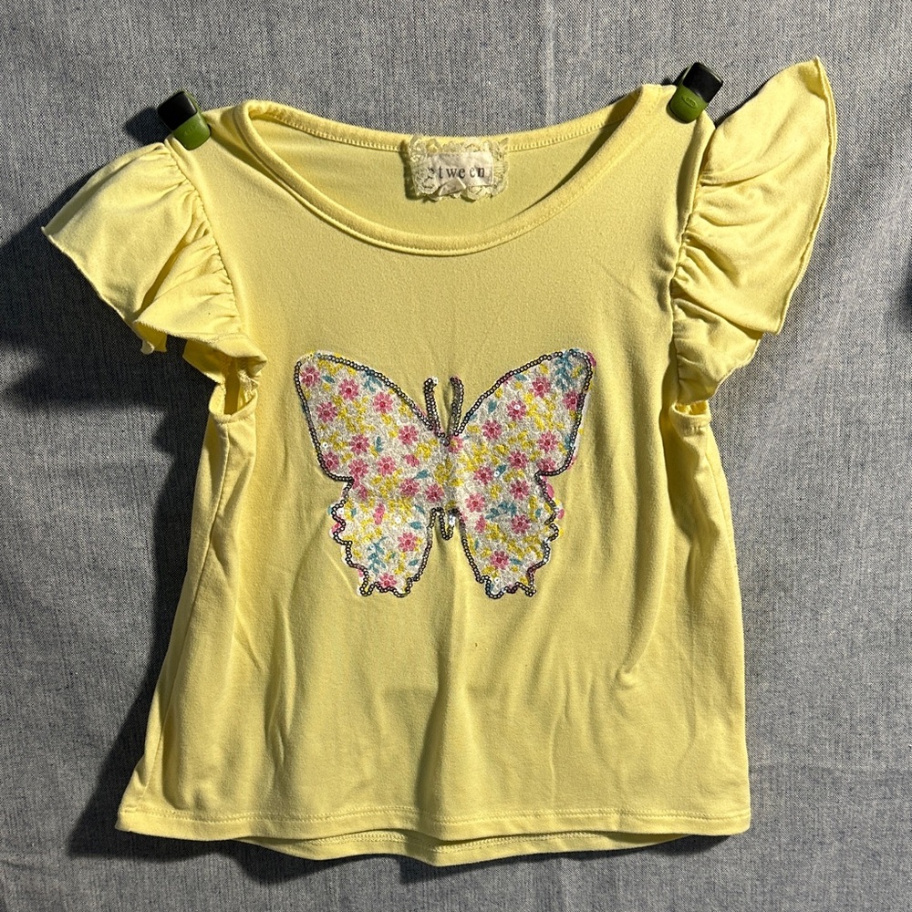 btween Pale Yellow Flutter Sleeve Butterfly Tee